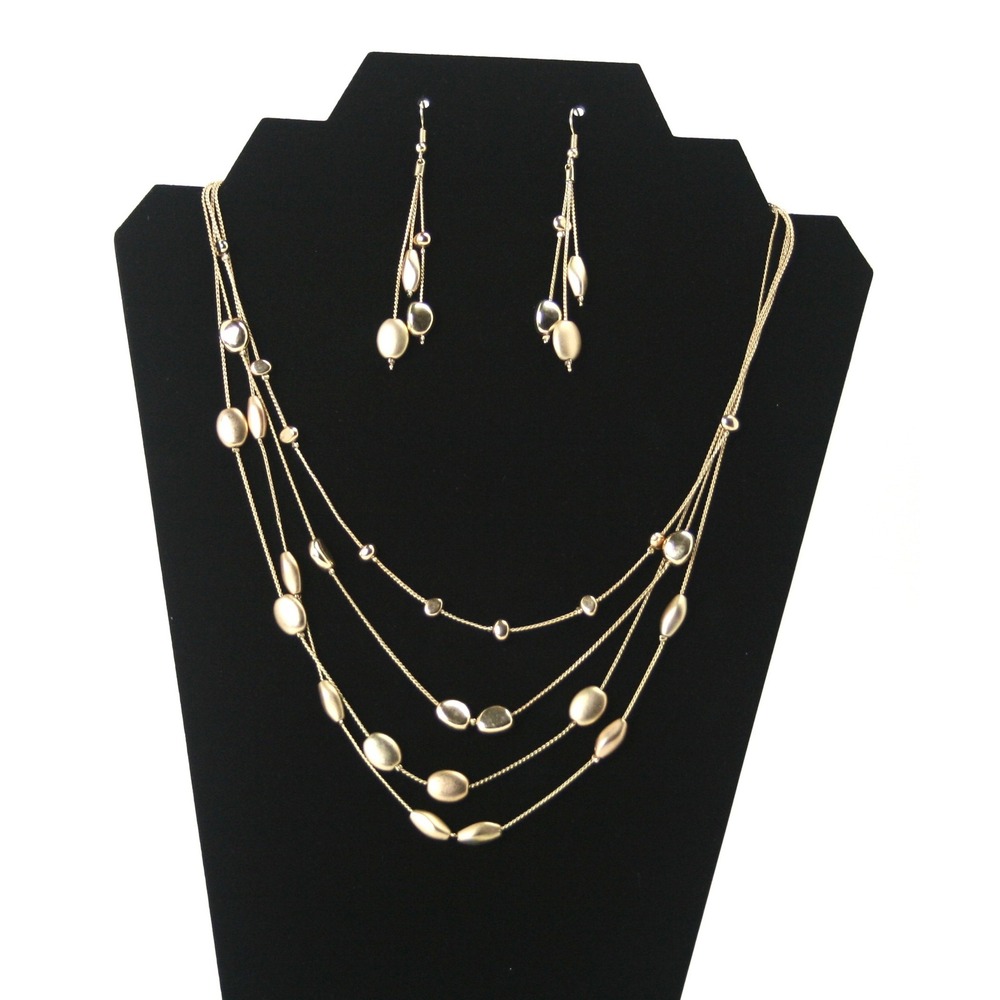 Gold Tone Multi Strand Layered Bead Necklace and Drop Earring Jewelry Set